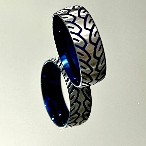 Blue Tire Ring, Stainless Steel Men's Band Solid Light Weight Feel - Picture 8 of 8